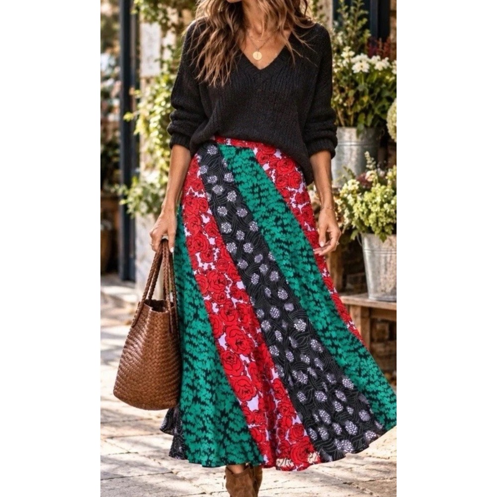 Maeve Anthropologie Boho Floral Patchwork Maxi Skirt 2P Hippie Holidays Lined